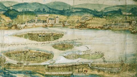 Ausschnitt aus der Rheinlaufkarte: Blick über den Rhein auf die Stadt Eltville (HHStAW, 3011/1, 645 R) Ausschnitt aus der Rheinlaufkarte: Blick über den Rhein auf die Stadt Eltville (HHStAW, 3011/1, 645 R)