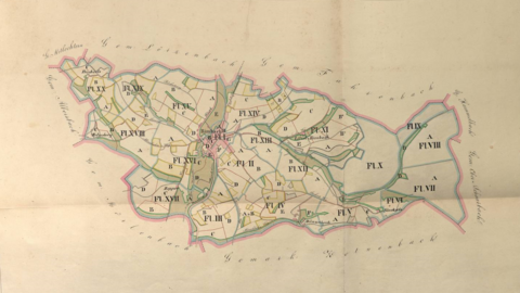 Übersichtskarte der Gemarkung Rimbach, um 1895 (HStAD, P 21, 21) Historische Karte: Gemarkung von Rimbach als Inselkarte mit farbiger Einzeichnung der Fluren und Flurstücken